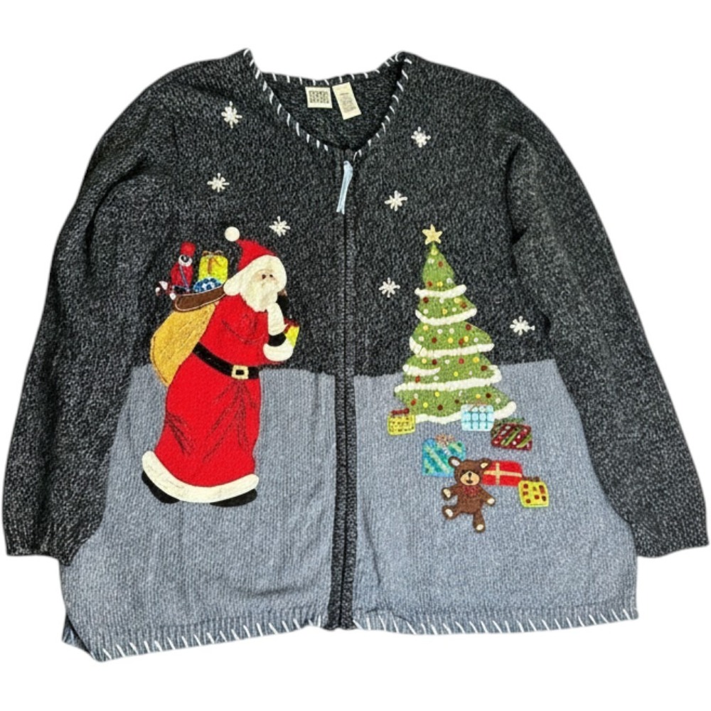 Christmas Cardigan Womens 1X Blue Santa Claus Embroidered Zip Main Street Blues